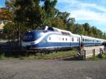 Der Restaurantzug  Blue Star Train  - eigentlich eine blaue VT 11.5-Garnitur - als ein Restaurant der etwas anderen Art im Bahnpark Augsburg.