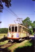 Meterspur-Triebwagen 107, ehemals der Aachener Straenbahn und Energieversorungs AG Rheinische Bahngesellschaft Dsseldorf,  (Baujahr 1936, 4 Achsen, Gewicht 17,6 t).