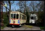 Wagen 107 (ex. Dsseldorf u. Aachen) und Wagen 94 (ex. Barmer Bergbahnen und Wuppertal) am derzeitigen Endpunkt der BMB Strecke in Greuel. Aufgenommen am 25.04.10