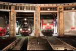 10. Museumsnacht Halle (Saale) und Leipzig: Besuch von 4 Eisenbahnmuseen am 5. Mai 2018 von 18:00 bis 0:00 Uhr.
52 4900 und 143 002-4 (ex DB Regio Südost bis 29.12.2017) der Traditionsgemeinschaft Bw Halle P e.V. stehen im Ringlokschuppen des DB Museums Halle (Saale) bei guter Lichtstimmung. [5.5.2018 | 22:03 Uhr]