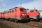 Die 110 210-2 steht mit 218 217-8 und 110 223-5 beim DB Museum Koblenz Ltzel am 12.03.2011