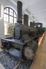 Die 1853 gebaute Bayerische B V  Nordgau  ist die älteste originale Dampflokomotive Deutschlands. (Verkehrsmuseum Nürnberg, Mai 2017)