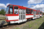 Eine Straßenbahn vom Typ Tatra KT4d, gesehen Mitte August 2018 im Eisenbahnmuseum Weimar.