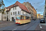 Überraschungsgast am Hallenser Steinweg: Gothawagen T57, Wagen 523, auf Tour Richtung Franckeplatz.