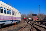 Blick Richtung Osten: Links der von der Sonne gezeichnete VT 18.16.03 - im Hintergrund 118 782 mit dem Ausflugszug des SEM - Rechts 346 852 der WFL.