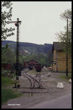 Schmalspurmuseum Oberrittersgrün am 6.6.1991:  Einfahrt  in den Bahnhof Oberrittersgrün mit seinen Gleis- und Weichenanlagen!