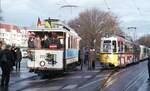 SSB Stuttgart__Umzug der SHB Museumswagen aus der Wagenhalle Zuffenhausen ins Straßenbahnmuseum Cannstatt. Tw 222 [HK 1904] und GT4 618 in der Endschleife Stammheim.__09-12-2007