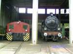 Die Kf des SEH steht am 12.7.2008 neben der betriebsfhigen Dampflok 38 3199 im Schuppen.