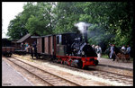 Lok Franzburg rangiert am 25.6.1996 mit historischen Güterwagen im Bahnhof Heiligenberg.