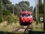 Triebwagen der Wisentatalbahn am 27.August 2017 auf der Unstrutbahn.Er kommt soeben aus Roßleben und kämpft sich -auf mit Gestrüpp überwuchertem Gleis- durch die Landschaft. Hier am Spätnachmittag bei der Einfahrt in den Bahnhof Donndorf zur Weiterfahrt nach Artern.Von dort wird dann die Heimreise nach Schleiz angetreten.