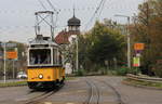 Am 27.10.2019 erreicht Tw 851 mit Beiwagen als Oldtimerlinie 23 die Haltestelle Geroksruhe.