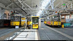 Gelenktriebwagen SSB 912 (DoT4), Baujahr 1965 und links im Bild, sowie Triebwagen SSB 804 (T2), Baujahr 1957, der Stuttgarter Straßenbahnen AG (SSB) sind im Straßenbahnmuseum Stuttgart