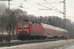 23. Februar 2010, Lok 143 034 hat mit RB 16853 Naumburg - Lichtenfels den Bahnhof Kronach fast erreicht.