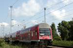 RE 7-Ersatzzug (RE 4375) von Wismar nach Ludwigslust geschoben von der 112 188-8 in Schwerin-Medewege am 01.06.2013