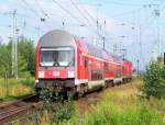 Diese Ersatzgarnitur des RE2 zwischen L�bbenau und Cottbus f�hrt hier gerade aus dem Bahnhof von L�bbenau/Spreewald raus. 05.07.2009
