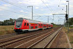 DABpbzfa mit Schublok 146 012-0 der Elbe-Saale-Bahn (DB Regio Südost) als RE 16358 (RE8) von Halle(Saale)Hbf nach Magdeburg Hbf über Dessau Hbf erreicht den Bahnhof Rodleben auf der