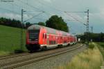 Der RE 19510 (Stuttgart-Heidelberg) unterwegs auf dem Abschnitt Bretten-Bruchsal. Schublok ist der Stuttgart 21-Botschafter 146 227-4. Aufgenommen am 15.06.2011 bei Helmsheim.