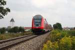 Die Steigung aus Walpertskirchen heraus fhrt ein RE von Dorfen (baustellenbedingt) nach Mnchen am 29.08.13.