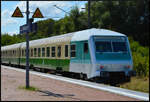 Der Halberst�dter D-ITX 50 80 80-35 684-5 Bybdzf mit dem Wittenberger Kopf am 08.08.2026 in Rostock Lichtenhagen.
