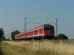 Regionalbahn von Mainz nach Mannheim kurz hinter Mettenheim am 01.07.2008 wegen Bauarbeiten an der Strecke verkehrte der Zug mit n-Wagen und 218er