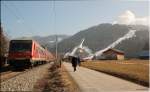 Die RB nach Mnchen Hbf mit Wittenberger Steuerwagen vorraus am 19.02.2011 in Garmisch-Partenkirchen.