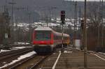 Nachschuß auf den Wittenbergersteuerwagen einer RB, der nach Stuttgart den Bahnhof Neckarelz verlässt, gezogen von der 146 225 und besteht aus N-Wageb am Rosenmontag den 11.2.2013 gegen 11:00 Uhr.
