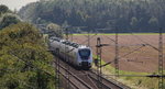 Durch den Wald aus Masten und Bäumen fahren zwei blau-weiße Hamsterbacken - hinten zu sehen 442 356 - von National Express als RE 7 (Krefeld - Rheine) Köln-Weiler entgegen.