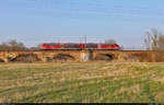 Der aus Nordthüringen kommende 642 009-4 (Siemens Desiro Classic) wird in der Saaleaue östlich von Angersdorf Richtung Halle (Saale) überführt.