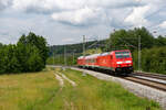 146 210 mit einem Wittenberger Steuerwagen und einer Baureihe 246 auf Überführungsfahrt bei Lehrberg Richtung Ansbach,  26.06.2021