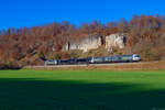 Eine unbekannt gebliebene 111 von Railadventure überführte an diesem Tag 193 864 MRCE und 193 861 MRCE bei Dollnstein Richtung Treuchtlingen - am Schluss lief die beiden britische Class 43 92 70 0043480-7 D-RADVE + 92 70 0043484-9 mit, 23.11.2021