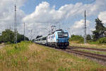 370 076 der PKPIC f�hrte am 02.08.26 ihren EC 135 nach Przemysl Glowny durch Jesewitz Richtung Falkenberg(E). Wegen Bauarbeiten zwischen Leipzig und Riesa wurden die EC Richtung Polen �ber Eilenburg umgeleitet.