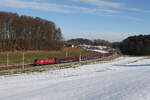 1116 225  Heute. Für morgen. Für uns  schob am 3. Februar 2026 bei Axdorf im Chiemgau einen Railjet in Richtung Salzburg.