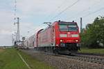 Ausfahrt am Nachmittag des 06.05.2019 von 146 116-9  Landkreis Lörrach  mit ihrem RE (Offenburg - Basel SBB) aus dem Haltepunkt von Auggen über die KBS 703 in Richtung Schweiz.