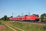 Nachschuss auf die Freiburger 146 114-4  Landkreis Emmendingen , als diese am Nachmittag des 13.06.2019 ihren RE (Basel Bad Bf - Freiburg (Brsg) Hbf) südlich von Buggingen über die KBS 703