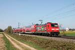 Mit einem RE (Freiburg (Brsg) Hbf - Basel Bad Bf) fuhr am Nachmittag des 16.04.2020 die Freiburger 146 239-9  Richtung Heimat  südlich von Buggingen über die Rheintalbahn in Richtung Müllheim (Baden), wo sie ihren nächsten Zwischenahlt einlegen wird.