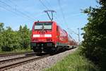 Nachschuss auf 146 222-5  25 Jahre RAB , als diese am Mittag des 27.05.2020 ihrem RE (Basel Bad Bf - Freiburg (Brsg) Hbf) bei Hügelheim über die Rheintalbahn in Richtung Buggingen schob.