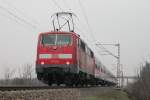 111 054(-3) schob am 30.03.2013 eine RegionalBahn nach Freiburg (Breisgau) Hbf.