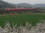 RE 19209 von Neckarelz nach Ulm fhrt am 05.04.2014 zwischen Urspring und Lonsee an blhenden Schlehenbschen und dem in Bezug auf das Wetter enttuschten Fotografen vorbei.