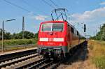 Ausfahrt am 18.06.2014 von RB 26566 (Neuenburg (Baden) - Offenburg) aus dem Bahnhof von Orschweier, mit der 111 050-1, gen Lahr (Schwarzw).