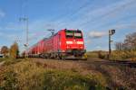 Einfahrt am 09.11.2013 von 146 114-4 mit ihrem nach Basel Bad Bf in den Bahnhofsbereich von Müllheim (Baden).