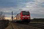 Am 06.01.2014 bespannte 146 111-0  Baden-Württemberg erfahren  den RE 5341 (Offenburg - Basel SBB) als sie kurz vor ihrem nächsten Zwischenhalt in Müllheim (Baden) ist.