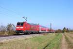 Am 31.10.2014 fuhr die Freiburger 146 115  Baden Württemberg erfahren  mit einem RE (Basel Bad Bf - Offenburg) an Hügelheim vorbei und ihrem nächstehn Ziel in Heitersheim entgegen.