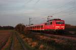 Am 31.10.2014 fuhr 111 048-5 mit einer RB (Offenburg - Basel Bad Bf) bei Buggingen ihrem nächsten Zwischenhalt in Müllheim (Baden) entgegen.