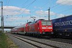 Einfahrt am 18.04.2015 von 146 110-2  Baden Württemberg erfahren/Müllheim (Baden)  mit einem RE (Offenburg - Basel Bad Bf) in Müllheim (Baden).