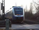 Neu auf der RE 10, die Triebwagen der NWB,seit dem Fahrplanwechsel im Dezember 2009 verkehren nun auch am Niederrhein  bunte  Zge. Fotographiert am 20.1.2010 zwischen Osterath und Krefeld.