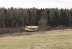 ODEG VT 650.73, unterwegs für die Erfurter Bahn, als EB 80943 von Weimar nach Kranichfeld, am 05.03.2015 bei Holzdorf (b Weimar).