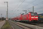 Einfahrt am 11.12.2016 von 146 110-2  Baden Württemberg erfahren/Mülheim (Baden)  mit ihrem RE (Offenburg - Basel Bad Bf) in den Bahnhof von Müllheim (Baden).