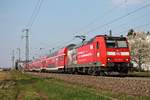 Ausfahrt am Nachmittag des 11.04.2019 von 146 113-6  Ortenaukreis  mit ihrem RE (Offenburg - Basel SBB) aus dem Haltepunkt von Auggen in Richtung Schliengen.