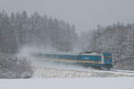 Im schweren Schneegestöber kämpft sich 223 070 DLB mit ALX 79856 (Hof Hbf - München Hbf) bei Wiesau Richtung Weiden, 25.12.2021