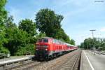 Am 15.06.2013 fhrt 218 457 mit RE 57586 (Mnchen Hbf 10:52 - Kempten(Allgu)Hbf 12:25) in Kaufbeuren ein.
